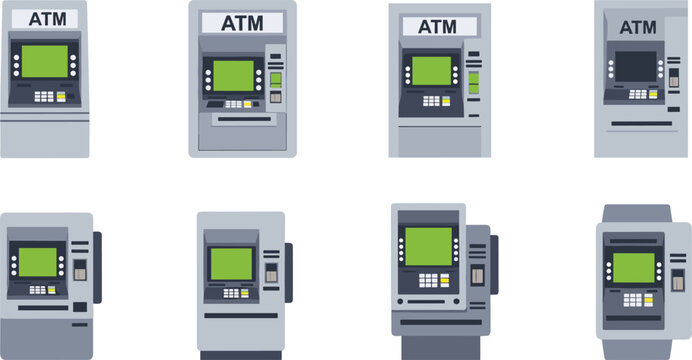 ATM Cash Machines Collection Banking Automated Teller Machines Vector Illustration Set