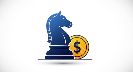 Blue Knight Chess Piece and Gold Coin with Dollar Sign. © wiski