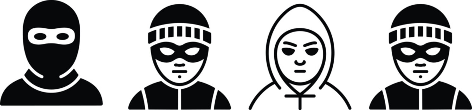 Set of thief hacker and criminal avatar icons featuring masked figures and hooded characters for cybersecurity and crime prevention designs