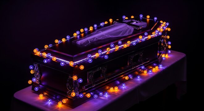 Ornate coffin adorned with vibrant purple and orange lights, hinting at a solemn yet festive send-off or symbolic end