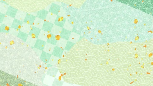 Light Green Traditional Japanese Pattern Background with Falling Gold Leaf