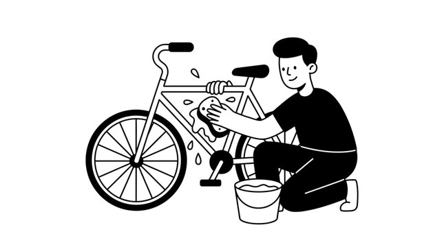 Person Repairing Bicycle with Tools and Bucket.