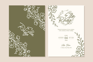 Floral wedding invitation template with minimalist botanical line art © fitradp