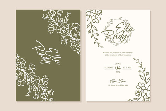Floral wedding invitation template with minimalist botanical line art