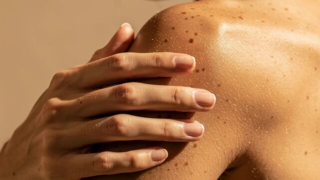 Close up of hand touching freckled shoulder skin with natural light and texture