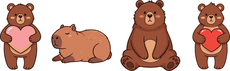 Fototapeta premium Cute cartoon bear and capybara character set with heart love theme adorable animals vector illustration isolated on light background