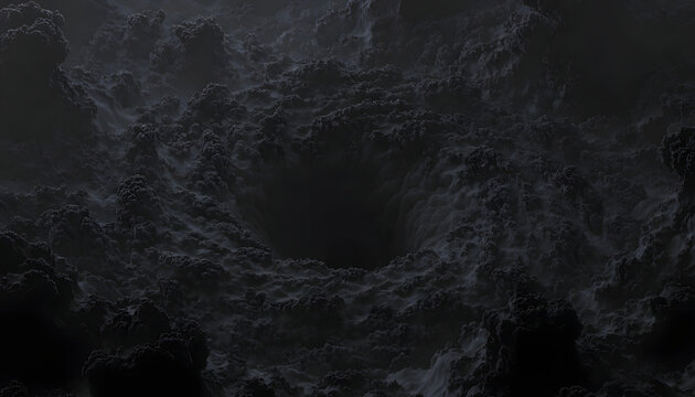 A dark black abstract fractal background featuring smoke textures and bright light resembling a storm explosion in the night sky