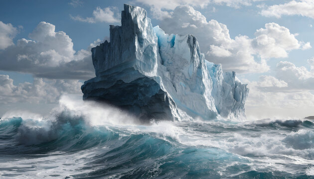 A big blue iceberg floats in the vast ocean as powerful waves with white foam splash and break against the rocks in a display of nature's motion