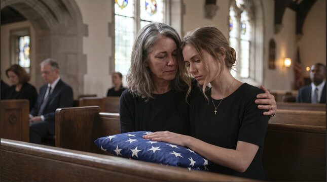 Grieving family mourning and holding a folded American flag during a military funeral in a church.