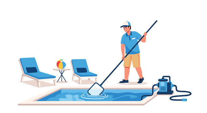 A swimming pool maintenance worker cleans the water with a long net pole near two lounge chairs and a mechanical pump on a bright and sunny summer afternoon.