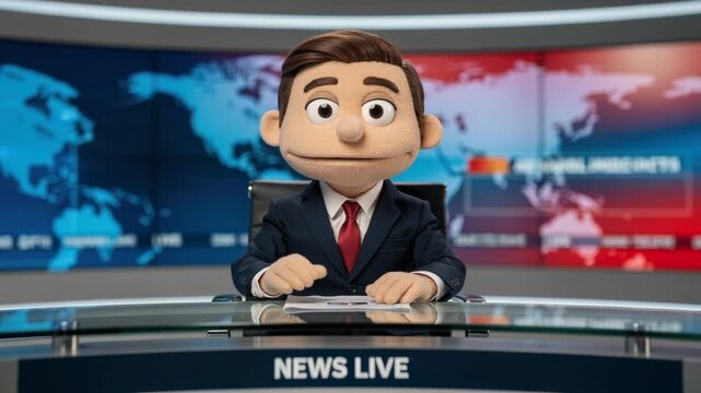 Cute puppet news anchor delivering live news on television set with world map background