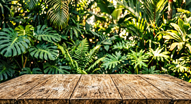 Cinematic Serene Wooden Table Amidst Lush Tropical Jungle Foliage