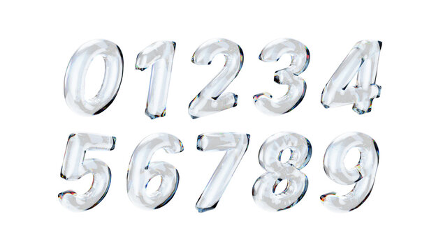 Glass numbers set 3d render dispersion trendy design. Modern abstract shape with glossy crystal finish and neon blue light on a transparent background.
