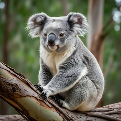 Obraz premium Adorable koala sits calmly on a tree branch, observing its natural habitat with curiosity.