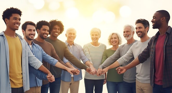 Diverse group of people from different ages and ethnicities holding hands in unity and solidarity