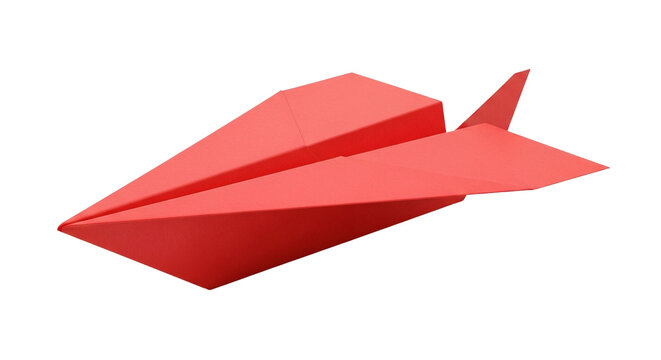 A red paper airplane designed with sharp angles flying on transparent background in a minimalistic style on transparent background