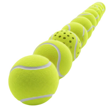 Row of Yellow Tennis Balls and One Pickleball in Diagonal Perspective Isolated on White Background