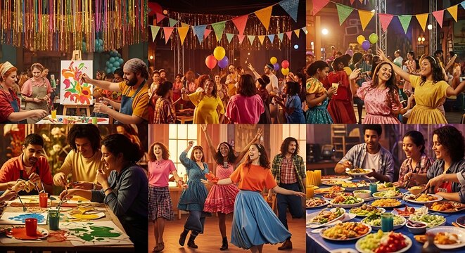 Group of diverse friends enjoying a vibrant celebration with painting dancing and dinner.