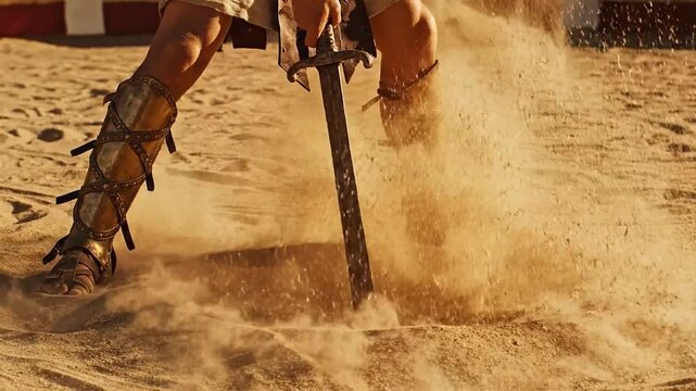 Ancient gladiator warrior fights on sandy arena ground with sword