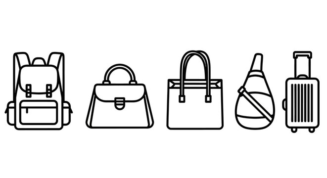 Outline drawings of various bags and luggage for travel and everyday use