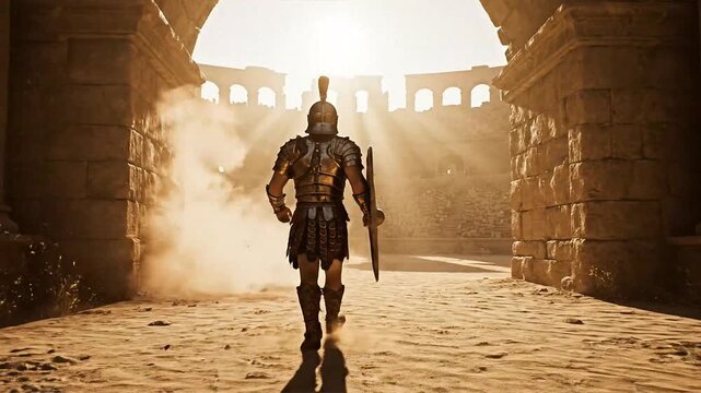 Ancient gladiator walks through dusty roman archway as warrior