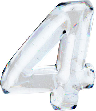 Dispersion Glass Number 4 or Four 3D Render: Trendy Design. Modern abstract shape with glossy crystal finish isolated on a transparent background.