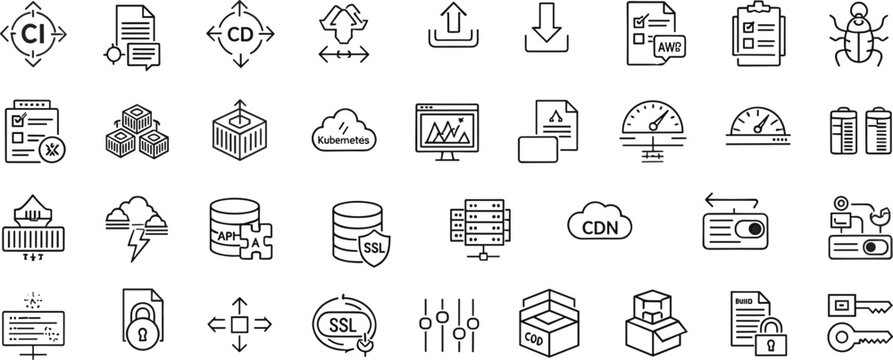 DevOps and cloud infrastructure icon set with CI CD pipeline deployment security monitoring editable stroke outline vector collection