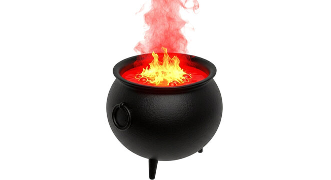 A black cauldron filled with swirling red and yellow flames emitting smoke on transparent background