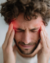 Fototapeta premium Man presses temples, eyes closed, in pain. Red glow highlights his forehead. Suffers from migraine or stress headache. Use for health, wellness, or pain relief concepts
