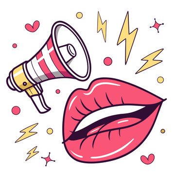 Retro mouth and megaphone with thunderbolts.