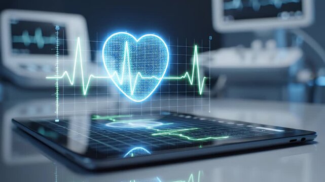 A futuristic holographic heart projection appears on a tablet screen, suggesting advancements in medical technology and patient monitoring.
