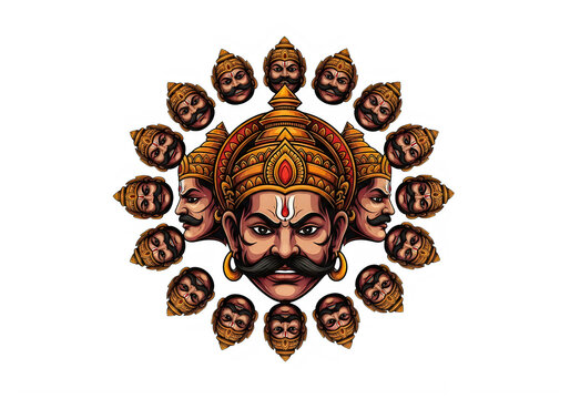 Pixel art illustration of ravana with ten heads representing the demon king from the hindu epic ramayana mythology