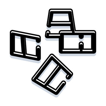 Four black and white geometric shapes, resembling abstract letter fragments, creating a modern and minimalist design with clear outlines and shadows on a white background