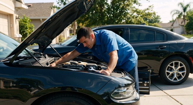 Man repairing car engine with wrench in residential driveway. Mechanic fixing vehicle hood at home. Automotive maintenance and DIY repair