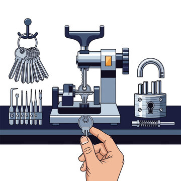 A close-up illustration of a locksmith's workbench, featuring a key cutting machine, various tools, and a hand holding a blank key.