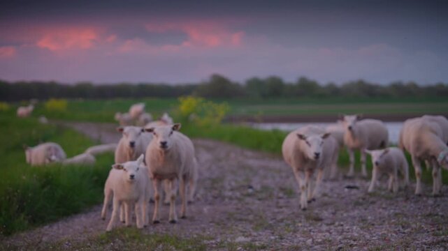 Sheep flock in green countryside in The Netherlands during sunset golden hour static shot