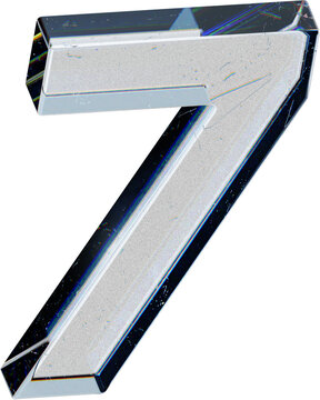 Dispersion Glass Number 7 or Seven 3D Render: Trendy Design. Modern abstract shape with glossy crystal finish isolated on a transparent background.