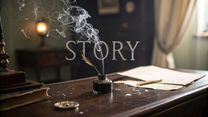Obraz premium Vintage Writing Scene with Ink Bottle, Quill, Smoke, and Handwritten Notes Evoking Creativity and Storytelling Ambiance in Dimly Lit Room