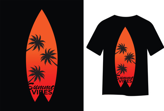 Summer Vibes Surfboard T-shirt Design with Palm Trees Silhouette on Sunset Gradient