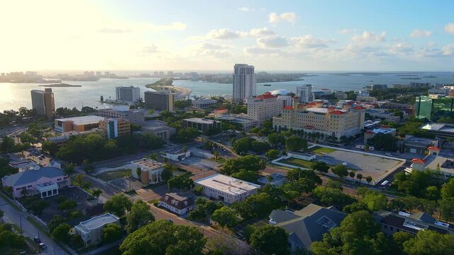 Downtown Clearwater, Florida, USA skyline with panoramic view on Causeway Byway in morning sunrise light