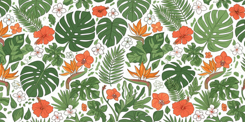 Tropical Floral Seamless Pattern with Monstera Leaves, Hibiscus Flowers and Exotic Botanical Elements for Summer Textile, Wallpaper and Nature Inspired Surface Design © Ruma
