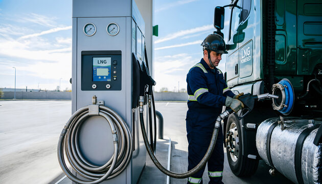 Professional driver refueling a massive heavy-duty truck with LNG, highlighting the large-scale clean energy infrastructure.