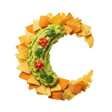 Creative Letter C Shape Made with Fresh Guacamole Dip and Crunchy Tortilla Chips Isolated on White Background