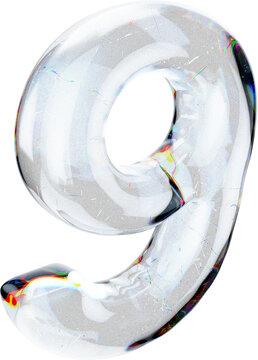 Dispersion Glass Number 9 or Nine 3D Render: Trendy Design. Modern abstract shape with glossy crystal finish isolated on a transparent background.