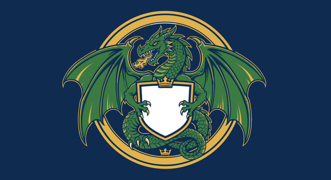Green dragon illustration with shield and wings against dark blue background
