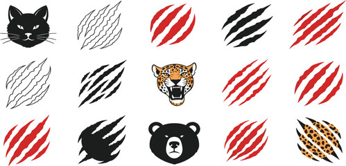 Wild Animal Claw Scratch Marks and Predator Logo Set with Tiger, Bear, Cat Icons for Esports Branding, Tattoo Design and Aggressive Graphic Elements © Ruma
