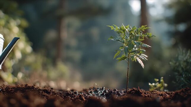 A person waters a young tree in soil to promote healthy growth