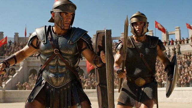 Two gladiators prepare for intense battle in ancient Roman arena stadium