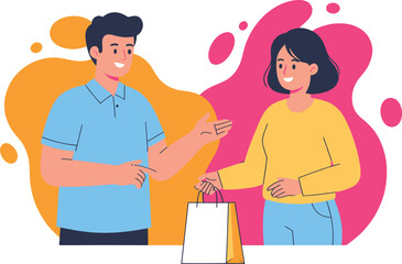 Obraz premium Happy customer receiving shopping bag from seller, retail service vector illustration isolated on White Background
