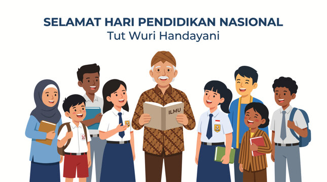Indonesian National Education Day Illustration with Ki Hajar Dewantara and Diverse Students